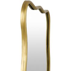 a mirror that is gold in color and has curved edges on the bottom half of it