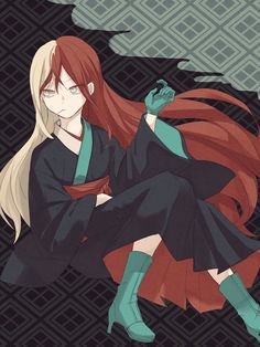 an anime character with long red hair sitting on the ground in front of a black background