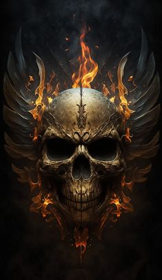 a skull with wings and flames in the background