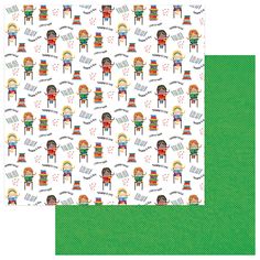 two sheets of paper with children's pictures on them, one in green and the other in white