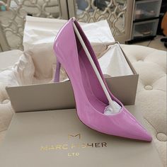 New In Box, 7.5! Purple Round Toe Heels For Office, Purple Pointed Toe Heels With 4-inch Heel, Purple Heels With 4-inch Pointed Toe, Lavender Pointed Toe Heels For Formal Occasions, Chic Purple Pointed Toe Heels, Lavender High Heel Heels For Formal Occasions, Hot Pink Shoes, Marc Fisher Sandals, Black Pointed Toe Heels