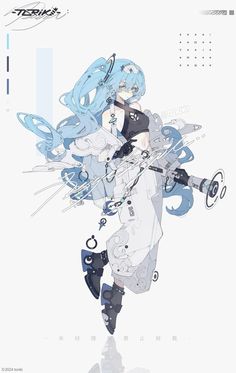 an anime character with long blue hair and black boots, holding two swords in her hand