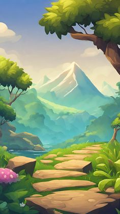 an image of a cartoon landscape with mountains and trees in the background, as well as a path leading to a forest