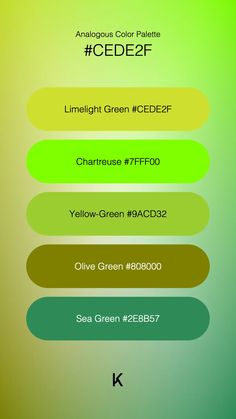 Analogous Color Palette Limelight Green #57CE37 · Chartreuse #7FFF00 · Yellow-Green #9ACD32 · Olive Green #808000 · Sea Green #2E8B57 Analogous Color Palette, Celadon Color, Analogous Color, Yellowish Green, Unique Colors