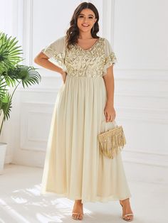 Chiffon Crew neck with Sequin A-Line Short Sleeve Applique Cape Mother of the Bride Dress - Ever-Pretty US Ruffles Sleeves, Banquet Dresses, Sequin Evening Dresses, Ever Pretty, Ankle Length Dress, Mothers Dresses, Birthday Party Dress, Mother Of The Bride Dress, Bride Dresses