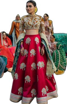 Unstitched Lehenga With Intricate Embroidery In Shantoon, Bollywood Style Intricate Embroidery Lehenga, Bollywood Style Shantoon Lehenga With Intricate Embroidery, Red Sharara With Intricate Embroidery In Jamawar, Red Jamawar Sharara With Intricate Embroidery, Wedding Lehenga With Meenakari For Eid, Wedding Sharara In Raw Silk With Meenakari, Wedding Sharara In Meenakari Raw Silk, Red Art Silk Gown With Pallu