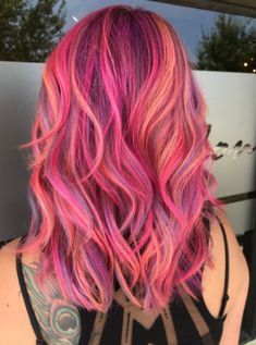 Bright Summer Hair Color Fun, Hair Color Ideas Bright Colors, Pink Vivid Hair, Bright Summer Hair Color, Pink Multicolor Hair, Neon Pink Hair Color, Pink Rainbow Hair, Summer Vivid Hair Color, Fun Hair Color Ideas For Summer