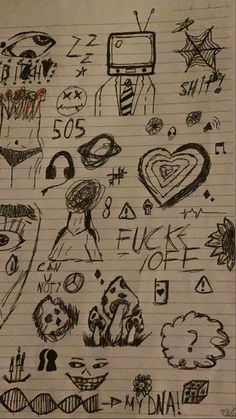 a bunch of doodles that are on top of a piece of paper with writing