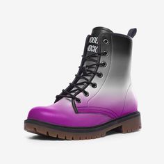 💜These adorable boots are not only super comfy but also eco-friendly! They're custom-made from ultra-soft vegan leather and have a durable synthetic sole. These mid-height cuties stand at around 6" from the arch to the top, with a platform height of about 0.75". So cute and sustainable! 🌱 💜The tongue on these shoes is padded for that extra cozy feel and securely sewn in place. Plus, they offer fantastic ankle support, are super breathable, and are built to last. Talk about the perfect combo o Pride Platform Boots, Pride Month Converse, Purple Punk Boots With Round Toe, Rainbow Boots, Boots Rainbow, Pride Socks, Lgbtq Rainbow, Gay Pride Flag, Asexual Pride