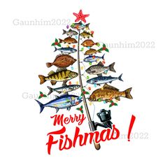 a christmas tree with fish on it and the words merry fishmas written in red