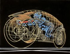 a drawing of a man driving a car with wheels and spokes on the front