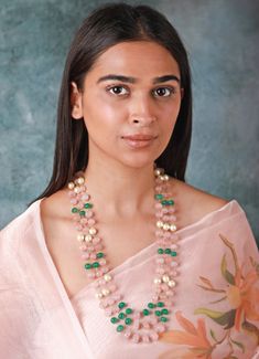 Vintage Rose Quartz And Jade Beaded Maala Riana by Shikha Jindal - Fabilicious Fashion Elegant Pink Rose Quartz Beaded Necklaces, Elegant Pink Rose Quartz Beaded Necklace, Pink Gemstone Beaded Necklaces For Wedding, Indian Theme, Indian Wedding Wear, Rose Quartz Necklace, Jewelry Model, Green Tones, Jade Beads