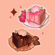 two pieces of chocolate cake on a plate with strawberries