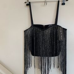 Fun Black Fringe Bralette Style Top Great For Vegas, Or Concerts, Or Parties! Fringe Has A Silvery Sparkle New With Tags Elegant Silver Crop Top For Party, Chic Silver Crop Top For Evening, Glamorous Silver Crop Top For Evening, Elegant Silver Crop Top For Evening, Baggy Crop Top, Neon Pink Crop Top, Black Fringe Top, Sequin Halter Top, Silk Bralette