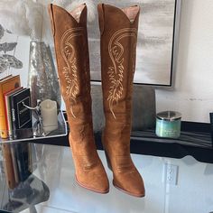 Very Cute Knee High Cowboy Boots Worn Only Once. High Cowboy Boots, Knee High Cowboy Boots, Boots Knee High, Boots Knee, Shoes Heels Boots, Brown Gold, Knee High Boots, Cowboy Boots, Shoes Women Heels