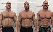 three pictures of the same man before and after his bodybuilding workout, with no shirt on