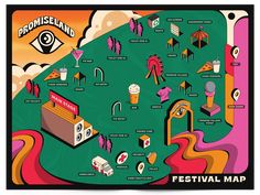 the festival map for promland is shown in pink, orange and green colors with an eye on it