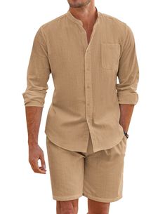 PRICES MAY VARY. 【BEACH ESSENTIAL】 Men 2 Pieces Cotton Set is a fashion style and a must-have item in everyone's wardrobe. The top of this men's summer set features Banded collar, curved hem and front pocket. Men's Linen Shorts design in a loose fit, two slant pockets, stretchy waist with adjustable drawstring providing the maximum comfort at the waist. 【Button Shirt】Collarless design makes the linen shirt great for summer and keeping cool. Patch pocket at chest gives you a casual style and more Linen Set Outfit, Mens Elastic Waist Pants, Mens Linen Outfits, Mens Linen Shorts, Shorts Design, Mandarin Collar Shirt, White Linen Shirt, Summer Shorts Outfits, Drawstring Waist Shorts