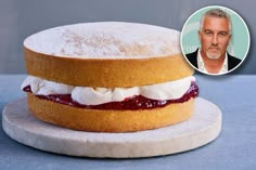 a cake with icing and whipped cream on top is shown next to a photo of an older man