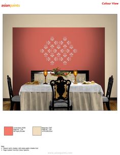 an image of a dining table with white linens and flowers on the wall behind it