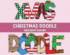 the christmas doodle font is displayed in front of a pink background with stars and stripes