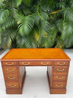 an old wooden desk with drawers in front of some palm trees and plants on the ground