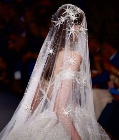 a woman in a wedding dress with a veil on her head