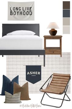 Blue and brown teen boys bedroom decor mood board Boys Bedroom Decor Ideas, Teen Boys Bedroom, Teen Boy Bedroom Decor, Boy Sports Bedroom, Boys Room Rugs, Teenager Bedroom Boy