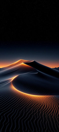 an image of the desert at night with stars in the sky and some sand dunes