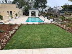 a backyard with a swimming pool and landscaping