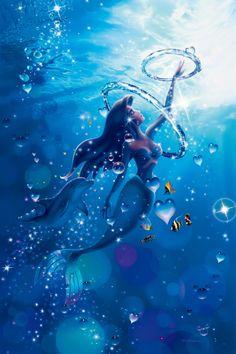 the little mermaid is swimming in the water with bubbles and bubbles around her, as if she