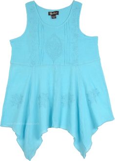 Resort Beach Cruise Wear Style in Turquoise Blue - Whether a casual day out or date night, this spring summer turquoise blue cotton top can style every event you have planned. Featuring a round neckline, asymmetrical hem, and an embroidered bust and hem, this sleeveless top is an effortless piece. Paired with capris or a cropped pant, this top is complete. Available in 4 sizes, pick size below. Length: 25"-32" ; Material: 100% Cotton; Care: Hand wash separately in cold water Western Skirts, Malibu Blue, Asymmetrical Hem Top, Resort Beach, Beach Cruise, Sleeveless Tops Summer, Hippie Look, Scarf Shirt, Trendy Skirts