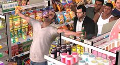 an animated man is shopping in a grocery store