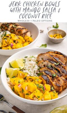 two bowls filled with chicken, mango salsa and rice on top of a white table