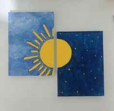 two paintings on the wall, one is blue and yellow with stars in the sky