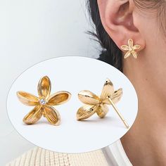 Material: 18K gold plated brass, color not easily tarnish Size: 15x16mm, loop size 1.2mm approx. (see Pic 2) Color: gold  Quantity: 10pcs This listing is for ear backs to match: https://www.etsy.com/shop/Nbeads?ref=seller-platform-mcnav&search_query=ear+back More gold findings here: https://www.etsy.com/shop/Nbeads?ref=seller-platform-mcnav&search_query=gold+plated Diy Jewelry Earrings, Flower Earrings Studs, Flower Studs, Ear Studs, Earring Findings, Gold Flowers, Matte Gold, Flower Earrings, Jewelry Supplies