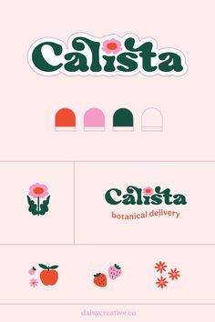 Calista floral and feminine brand design with a color palette, logo and brand icons Branding Identity Template, Floral Design Logos, Portfolio Color Palette Inspiration, Floral Brand Identity, Flower Brand Identity, Floral Branding Design, Identity Color Palette, Color Identity, Cute Branding