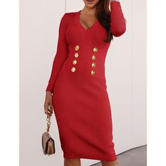 Red V Neck Buttoned Long Sleeve Midi Dress Red V-neck Bodycon Dress For Winter, Red Buttoned Midi Dress For Party, Red V-neck Dress With Buttons, Red V-neck Bodycon Dress For Fall, Red Bodycon Dress For Formal Fall Occasions, Red Bodycon Midi Dress For Fall, Red Bodycon Dress For Formal Fall Events, Red Bodycon Dress For Fall, Red Knee-length Bodycon Dress For Winter