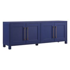 a blue cabinet with three doors and two drawers