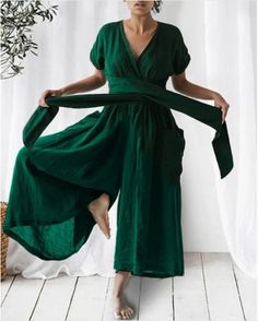 Lasaky - Loose-Fit Solid Color Short Sleeve Casual Jumpsuit Loose Tie, Vintage Floral Top, Jumpsuit Casual, Pocket Jumpsuit, Green Jumpsuit, Linen Style, Casual Jumpsuit, Daily Dress, Color Shorts