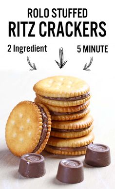 chocolate covered cookies stacked on top of each other with the words, roll - stuffed ritz crackers