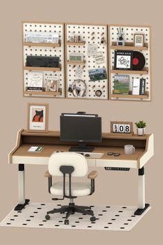 an office desk with a computer on it and several pictures hanging above the desk area