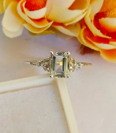 Green Amethyst Engagement Ring, Aquamarine Stacking Ring, Green Amethyst Jewelry, Prasiolite Ring, Natural Emerald Rings, Amethyst Birthstone, Green Amethyst Ring, Emerald Cut Engagement, Moss Agate Ring