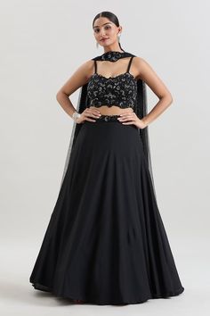 Black solid lehenga with an attached cancan, sequins, cutdana, bead work floral embroidered waistband. Comes with coordinating embroidered padded blouse and choker dupatta. - Aza Fashions Solid Lehenga, Choker Dupatta, Mithila Palkar, Cape Lehenga, Kurta Lehenga, Blouse Lehenga, Lehenga Pattern, Diana Penty, Padded Blouse