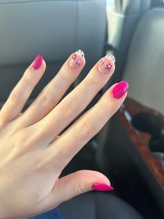 Dark Pink Nails With Flowers, Hot Pink Nails With Flower Design, Deep Pink Nails, Dark Pink Light Pink Nails, Light Pink Dark Pink Nails, Dark Pink To Light Pink Nails, Pink Flower Nails, Ideas Uñas, 2023 Nails