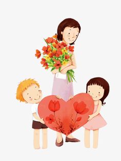 three children holding a heart shaped vase with flowers in it, and one child is holding a bouquet