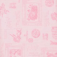 pink and white wallpaper with stamps on it