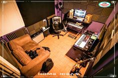 an overhead view of a recording studio with equipment