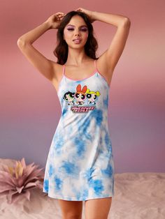 Cartoon And Tie Dye Print Contrast Binding Slip Nightdress Blue   Sleeveless Knitted Fabric Tie Dye  High Stretch Summer Women Sleep & Lounge, size features are:Bust: ,Length: ,Sleeve Length: Cami Mendes, The Powerpuff Girls, The Powerpuff, Women's Nightgowns, Sleep Dress, Tie And Dye, Powerpuff Girls, Tie Dye Print, Bra Women