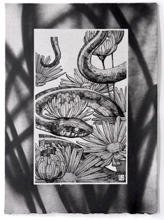 a black and white drawing of water lilies